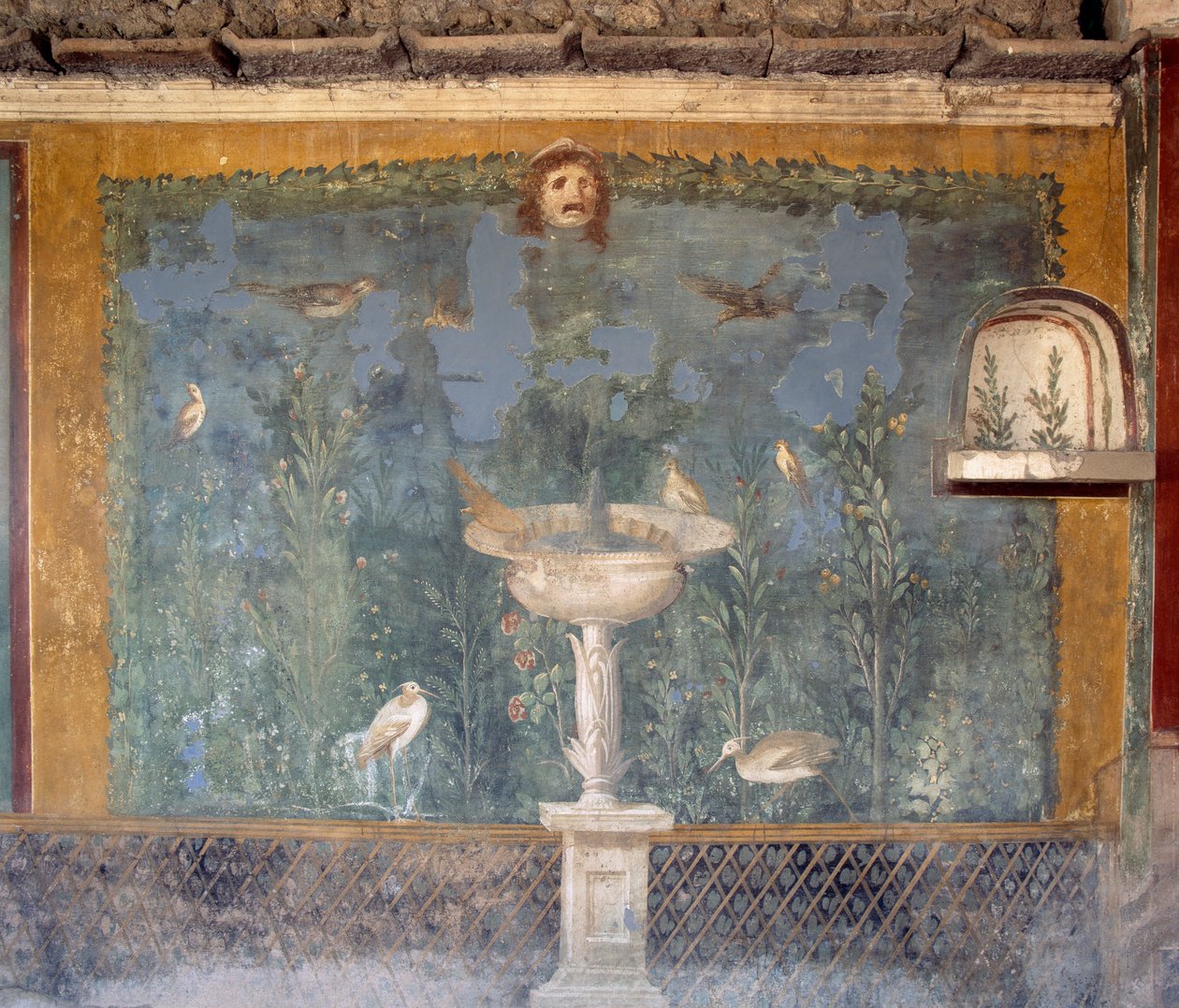 Fresko mit Brunnen, Maske und Vögeln, Haus der Venus in der Muschel, Pompeji (Unesco-Welterbeliste) von Roman