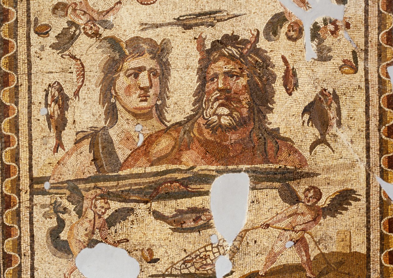 Oceanus und Tethys, Mosaik aus dem antiken Daphne, Harbiye, Türkei. Römische Zivilisation, 4. Jahrhundert n. Chr. von Roman