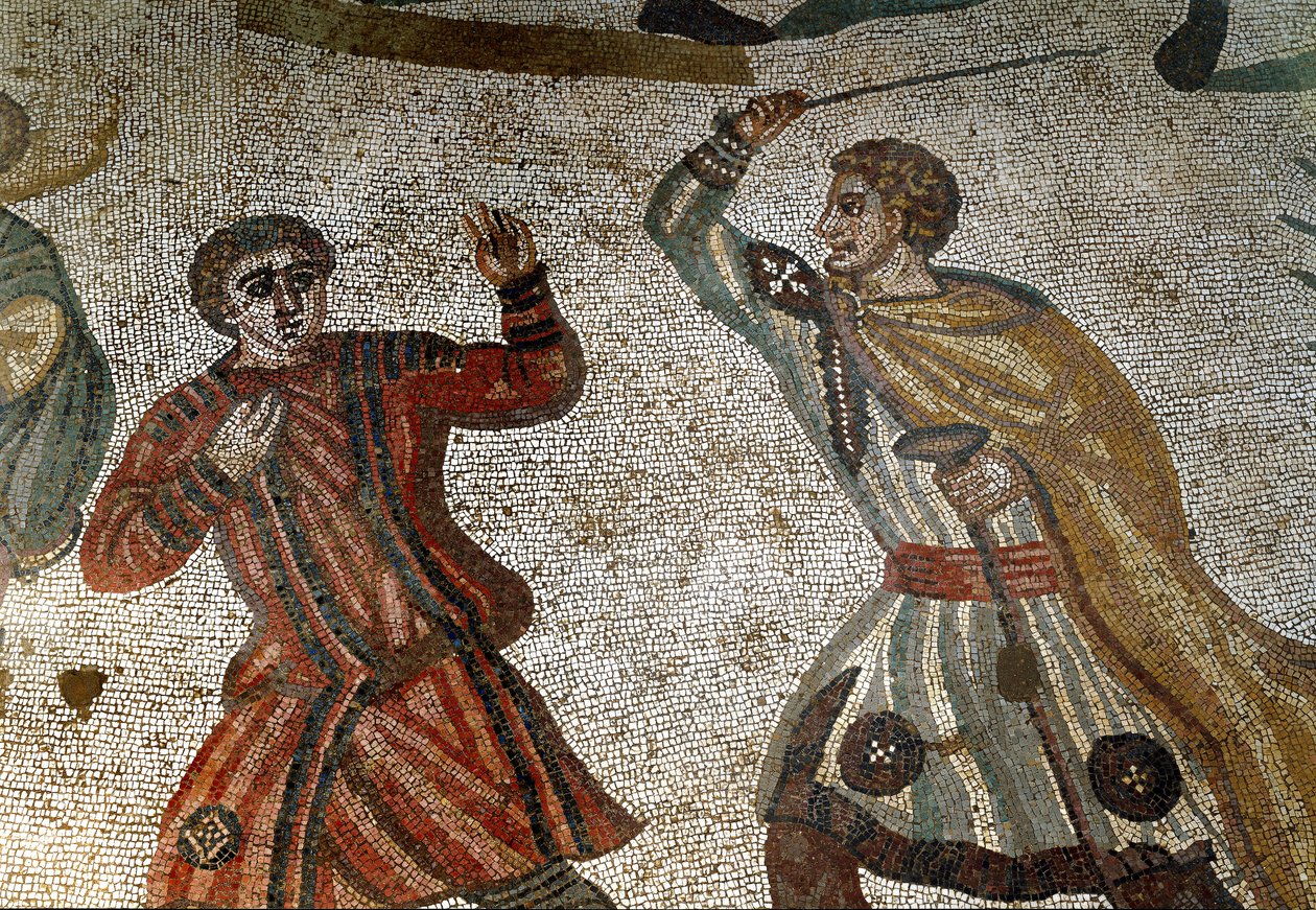 Römische Kunst: Detail des Mosaiks „Die große Jagd“ Ein römischer Aristokrat bestraft einen seiner Sklaven mit einem Stock. 315-350 n. Chr. von Roman