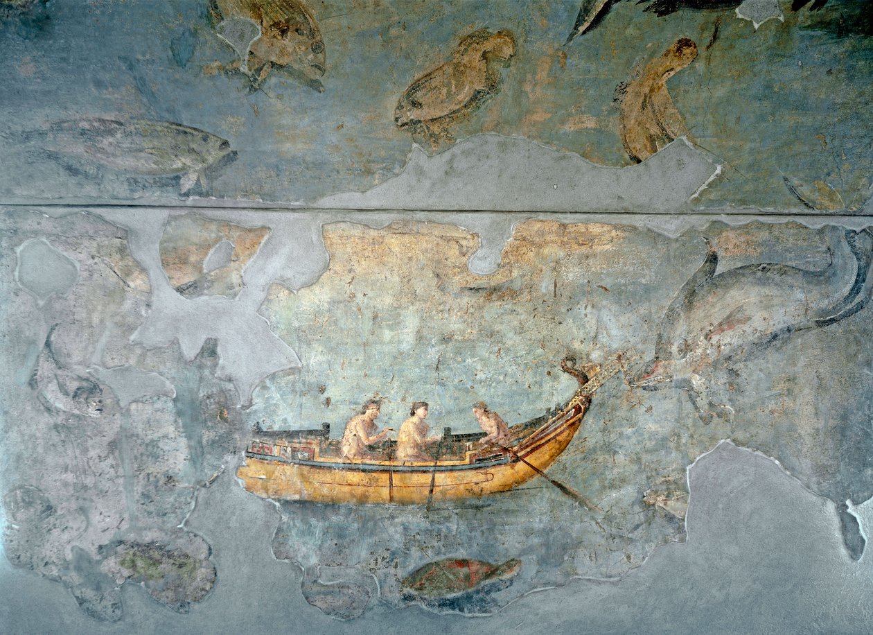 Römische Kunst: Fischer auf einem Boot Fresko aus einem Haus in der Nähe eines Flusshafens von Rom. 131 n. Chr. Rom, Museo Nazionale Romano (o delle Terme) von Roman