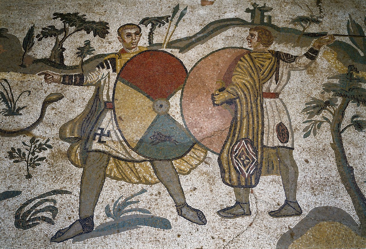 Römische Kunst: (Detail) Mosaik „Die große Jagdgesellschaft“ Jäger mit großen Schilden. 315-350 n. Chr. Piazza Armerina, Villa Romana del Casale von Roman