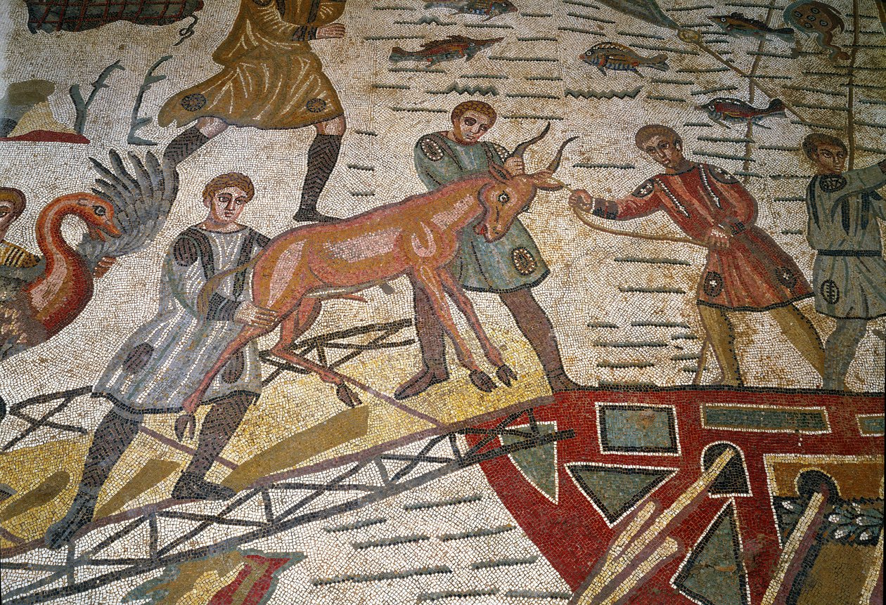 Römische Kunst: Detail des Mosaiks „Die große Jagdgesellschaft“ von Roman