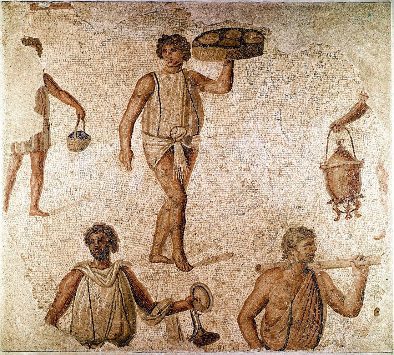 Römische Kunst: Diener bei einem Bankett. Fragment eines Mosaiks aus Karthago, Tunesien. 180-190 n. Chr. Paris, Louvre Museum von Roman