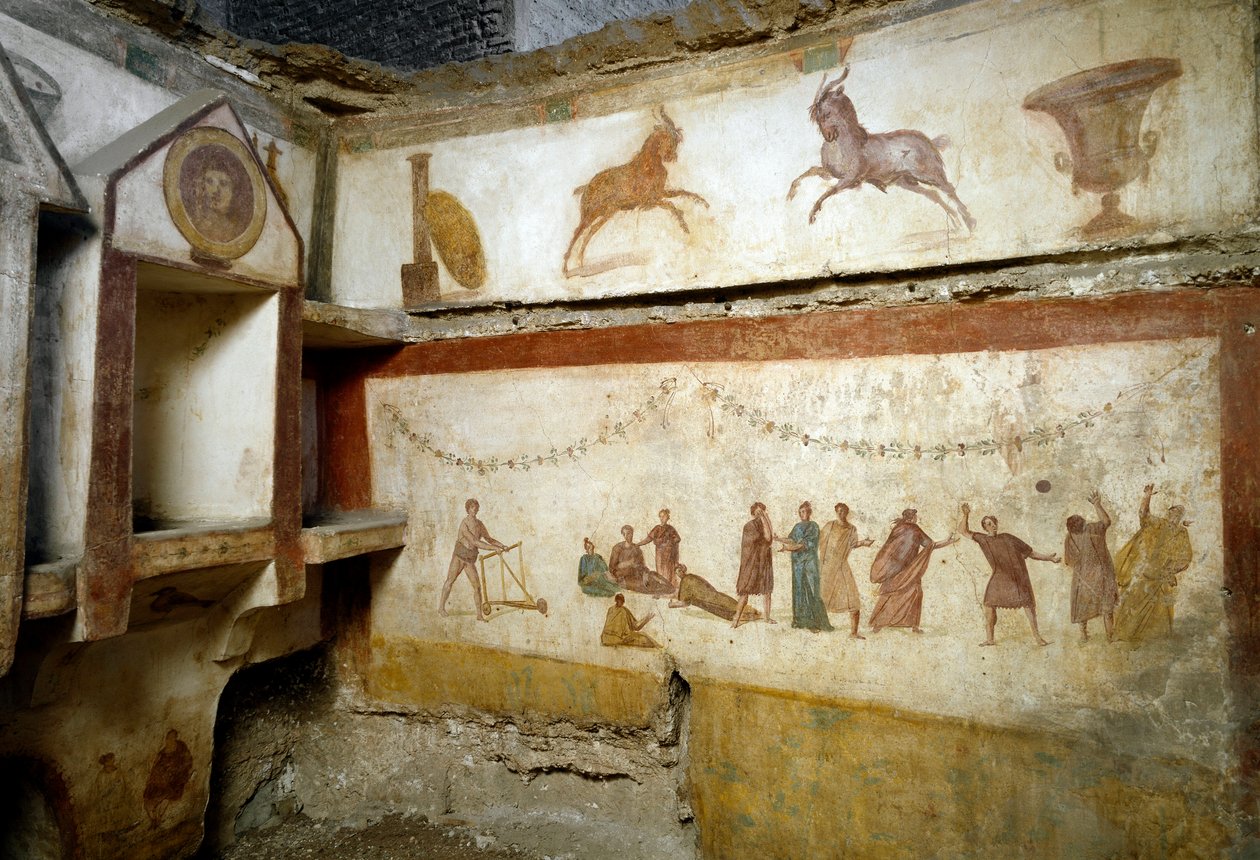 Römische Kunst: „junge Leute spielen“ Fresken, die ein Grab an der Via Portuense schmücken. 2. Jahrhundert. Höhe 90 cm Rom, Museo Nazionale Romano (o delle Terme) Italien von Roman