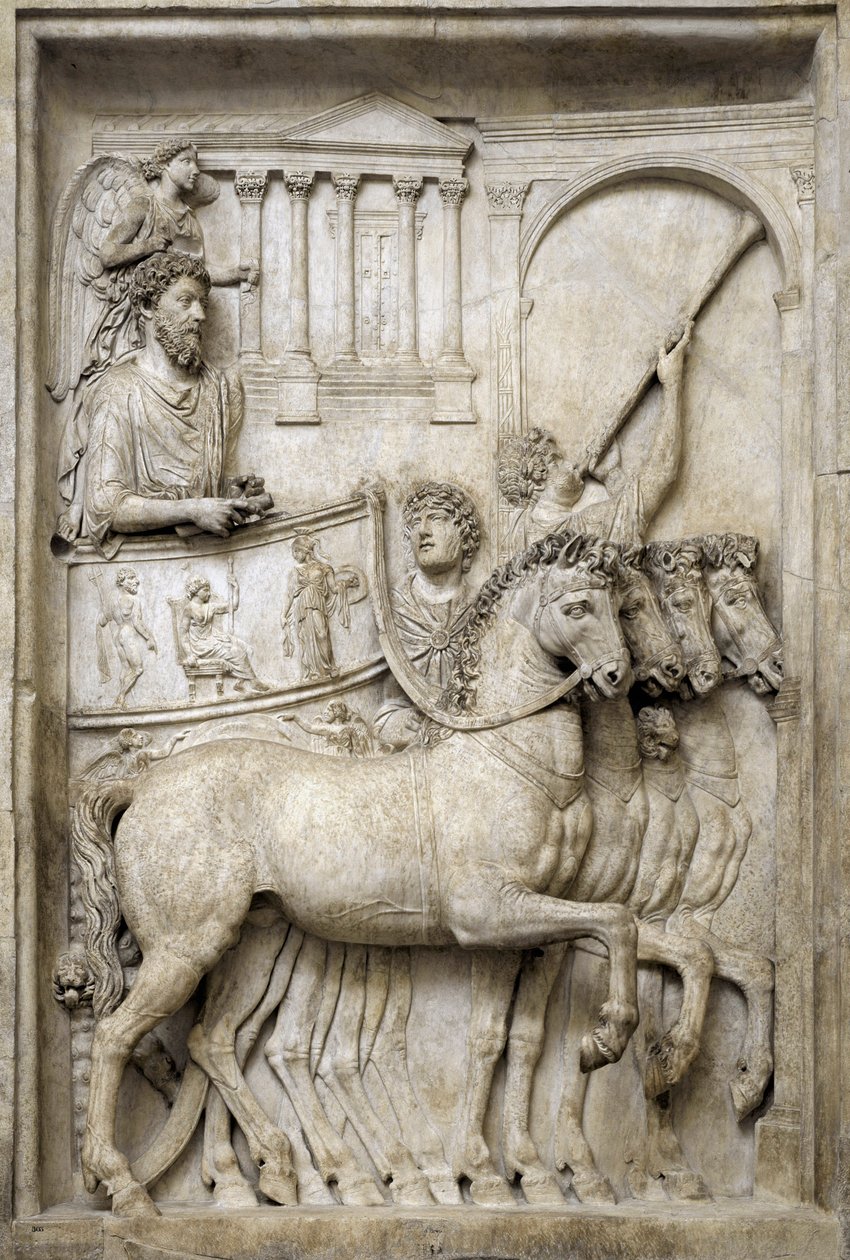 Römischer Kaiser Marcus Aurelius auf seinem Triumphwagen, 2. Jahrhundert (Marmorrelief) von Roman