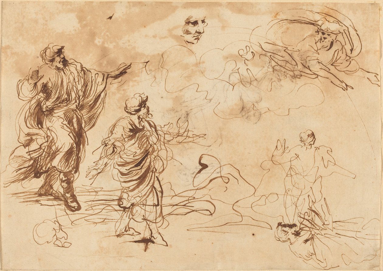 Studien für eine biblische Szene mit Gottvater, der einer bärtigen männlichen Figur erscheint von Roman 17th Century
