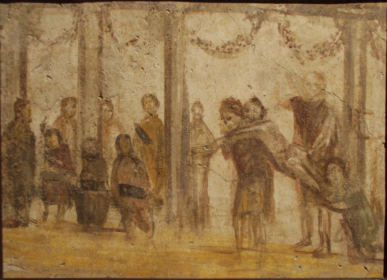 Die Bestrafung eines Schülers. Fresko aus dem Haus von Julia Felix von Roman Pompeian wall painting.