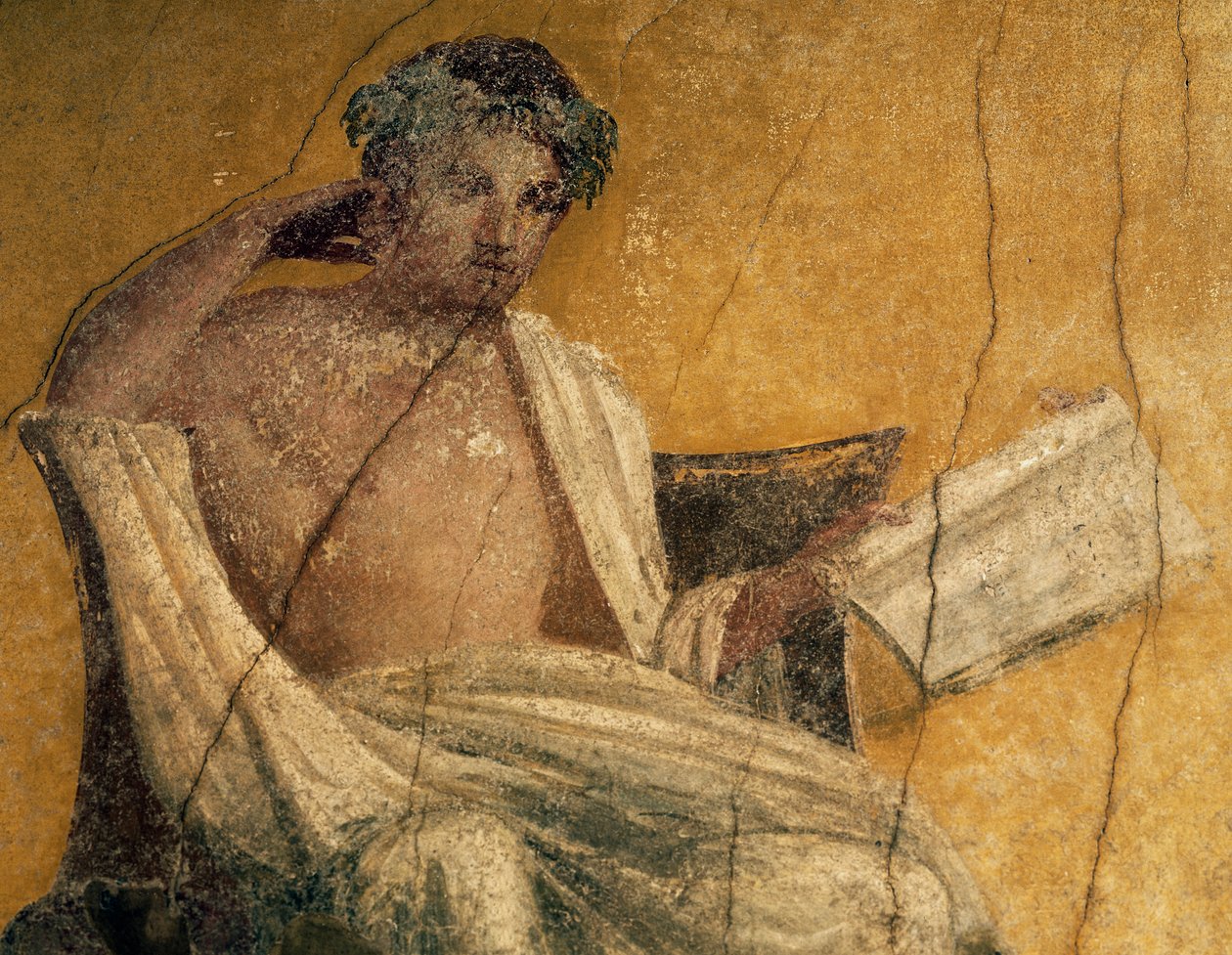 Griechischer Dramatiker Menander, Detail aus Fresko, Peristyl des Hauses des Menander, Pompeji, Kampanien, Italien, römische Zivilisation von Roman Roman
