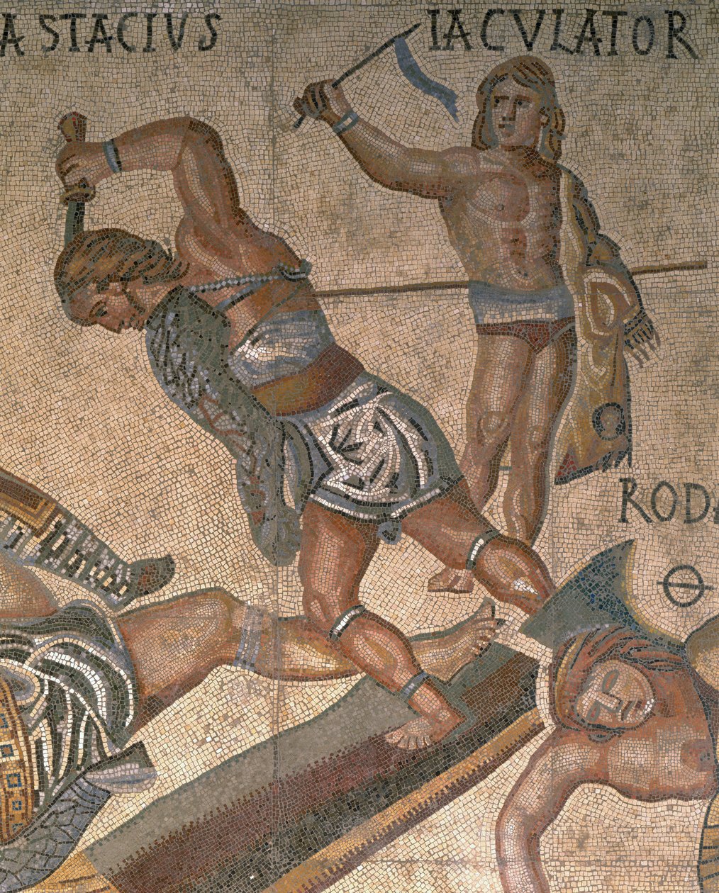 Mosaik mit einer Szene kämpfender Gladiatoren, (Detail) eines Gladiators in Rüstung von Roman Roman