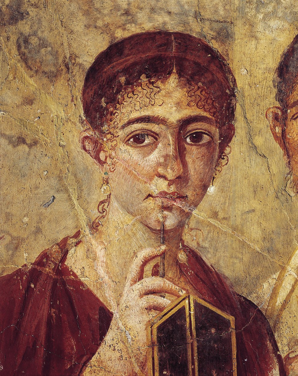 Porträt des Bäckers Terentius Neo und seiner Frau in formeller Kleidung, Detail der Frau mit ihrem Stylus und Diptychon, offen aus Italien, Kampanien, Pompeji, 55-79 n. Chr., Malerei auf Putz von Roman Roman