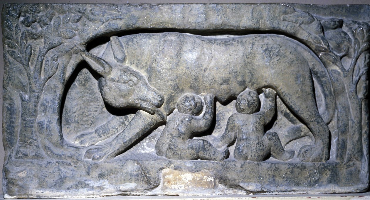 Relief in Kalkstein von Lupercal: Wolf mit Romulus und Remus, Museum von Avenches. von Roman Roman