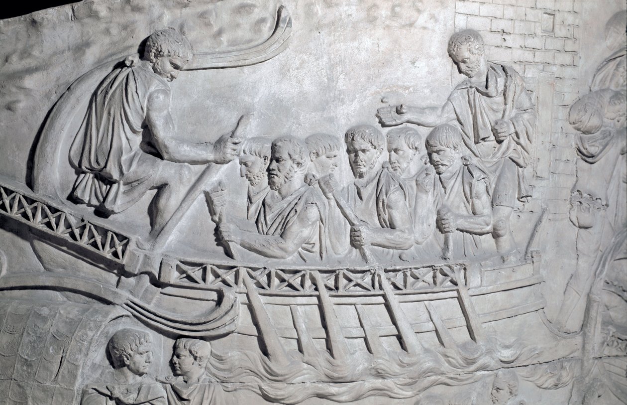 Römische Soldaten auf einer Galeere auf der Donau während des Ersten Dakerkrieges von Roman Roman