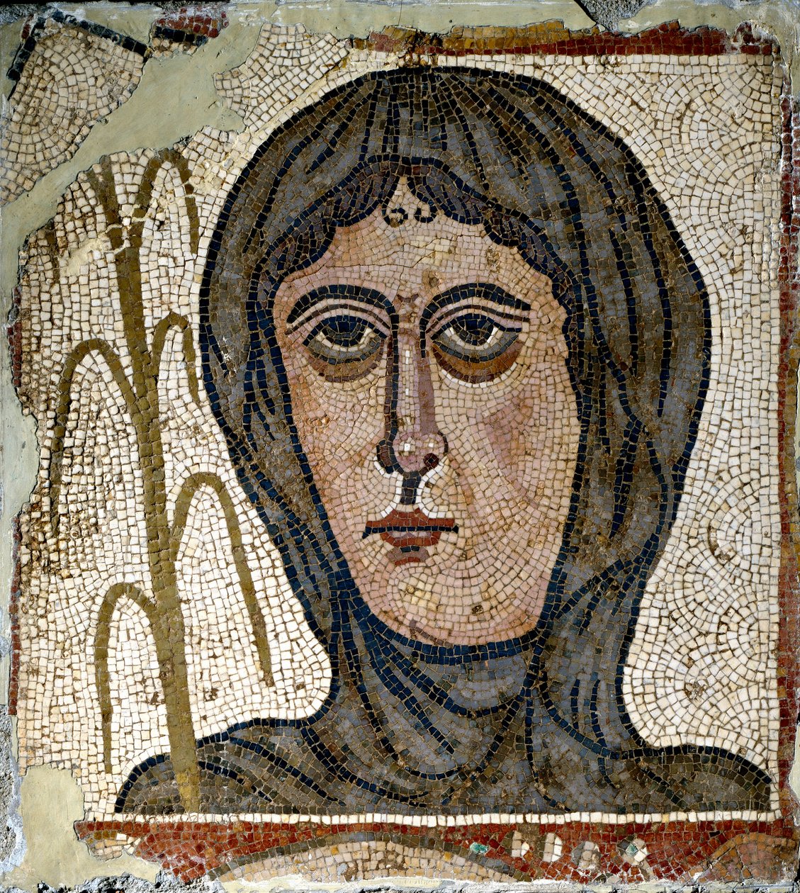 Römische Kunst: Allegorie des Winters als Frau mit Schleier. Mosaik des 5. Jahrhunderts. Aus Quintana del Marco (Leon) Spanien Madrid, Nationales Archäologisches Museum von Roman Roman
