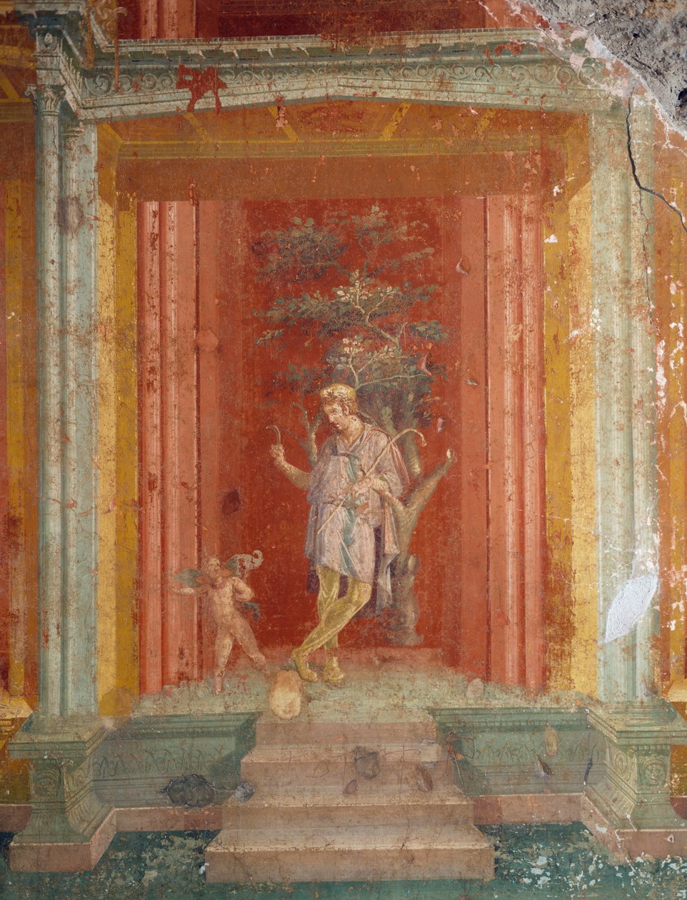 Theaterszene, Fresko (IV. Stil) auf rotem Hintergrund aus dem Haus des Pinarius Cerialis, Pompeji (Unesco-Weltkulturerbe) von Roman Roman