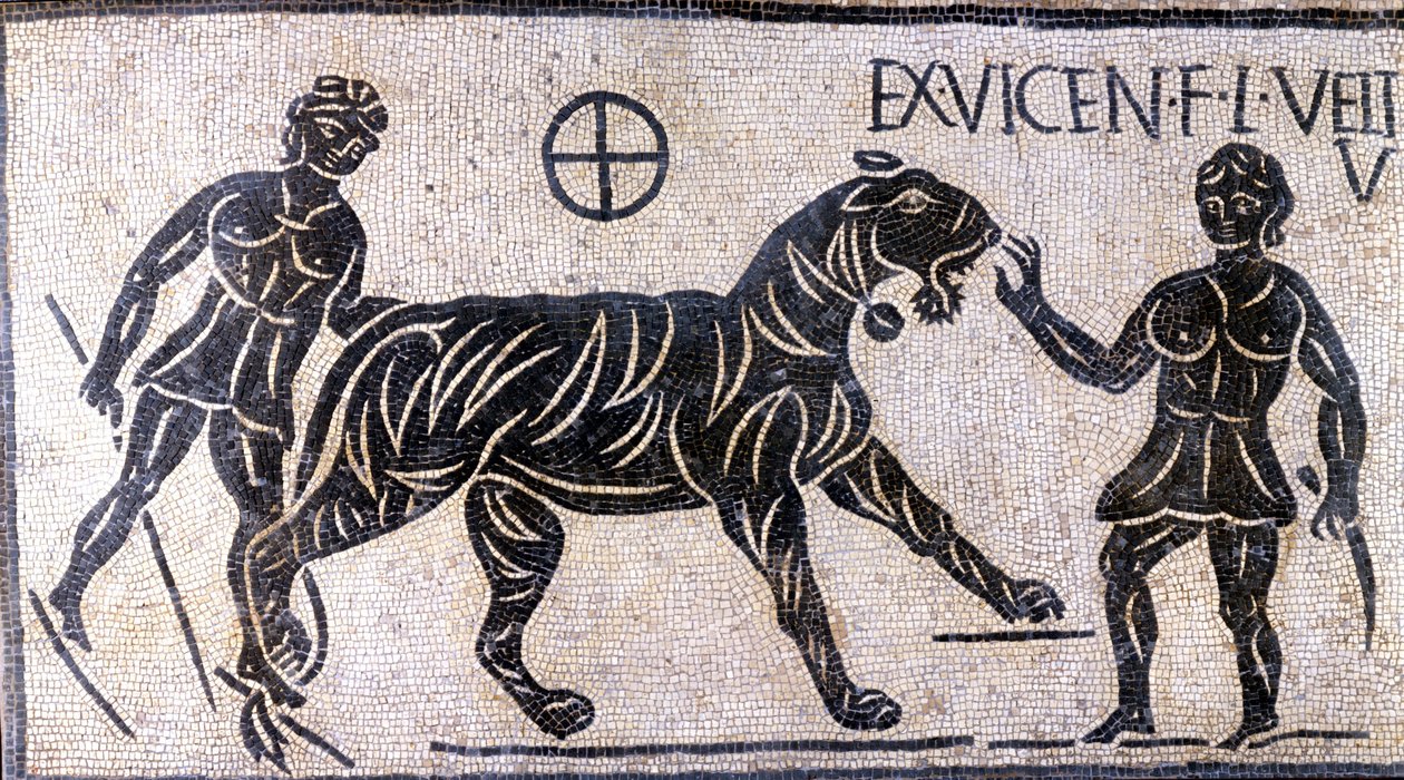 Tigerbändiger in den Mauern des Kolosseums - Römisches Mosaik von Roman Roman
