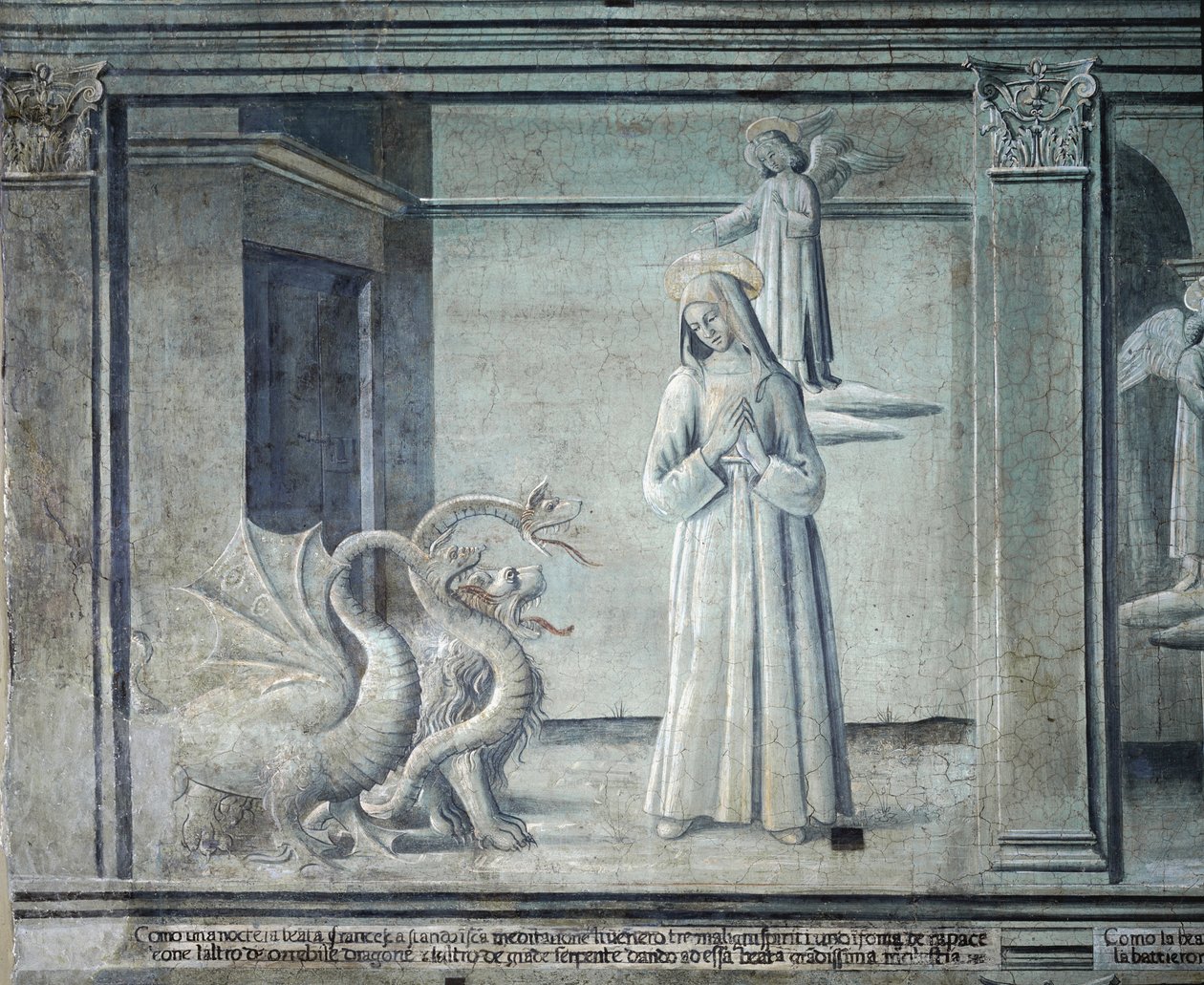 Leben der heiligen Franziska von Rom, verfolgt von Dämonen in Form von Monstern, römische Schule von Roman School