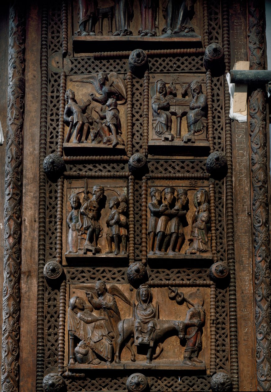 Romanische Kunst: Holztür aus der Mitte des 12. Jahrhunderts der Kirche St. Maria im Kapitol in Köln, Deutschland (Sankt Maria im Kapitol, Köln). Szenen, die die Verkündigung an die Hirten, die Geburt, die Anbetung der Weisen und die Flucht nach Ägypten da von Romanesque