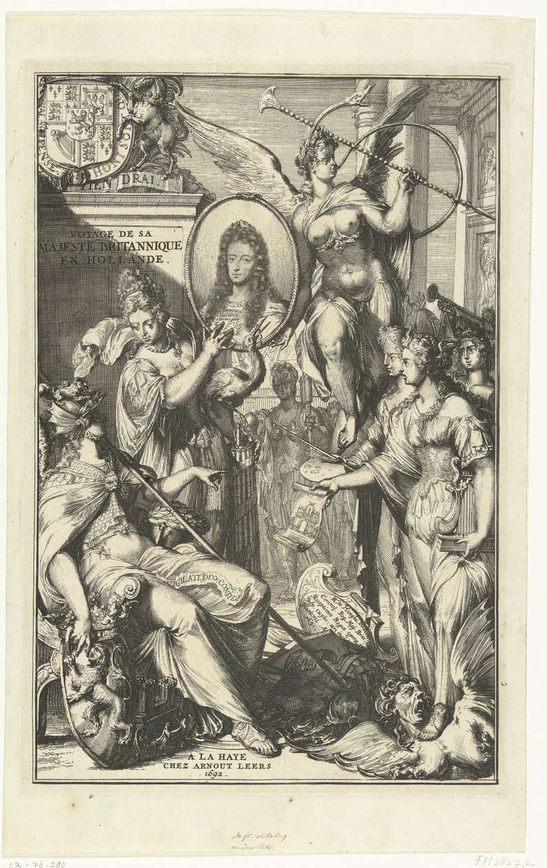 Allegorisches Frontispiz mit Porträt von Wilhelm III. (Reise seiner britischen Majestät in die Niederlande) von Romeyn de Hooghe