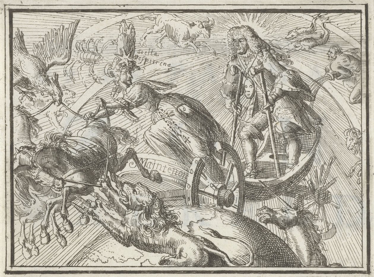 Karikatur, die Ludwig XIV. als Apollo in seinem Wagen darstellt, 1701 von Romeyn de Hooghe