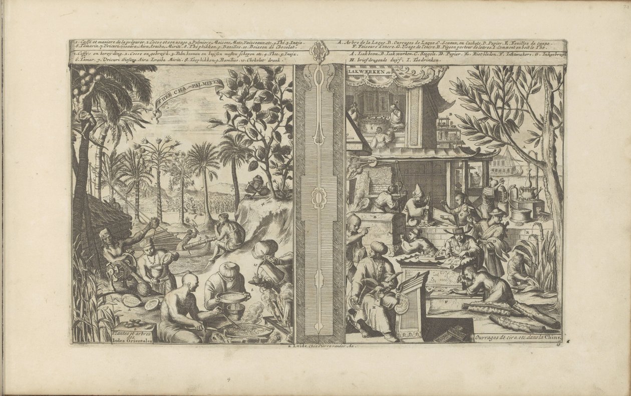 Getränke in Ostindien; Lackarbeiten und Papier aus China (Thee, Cha en Palmiten) (Les Indes Orientales et Occidentales et autres lieux) von Romeyn de Hooghe