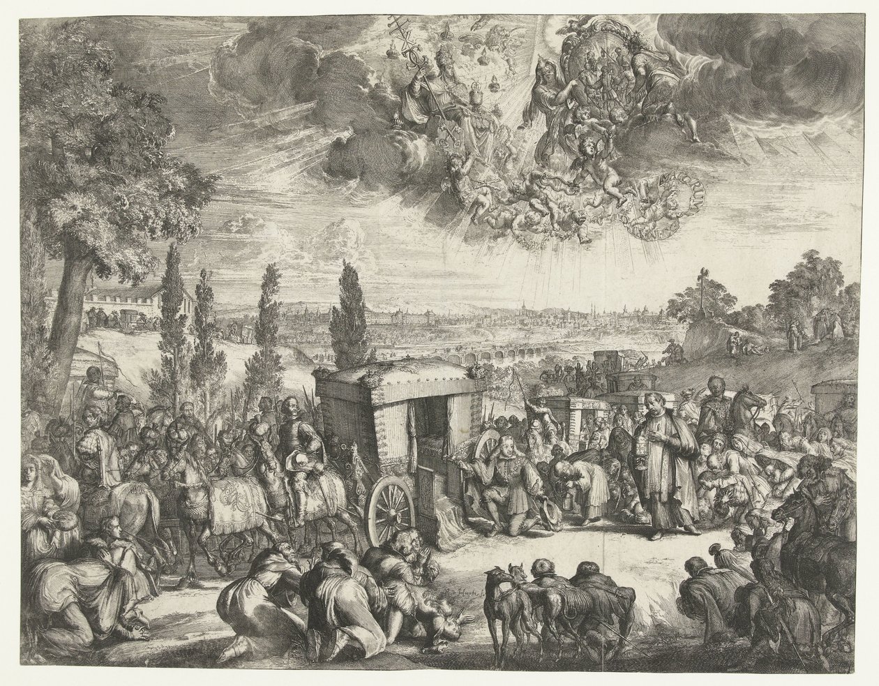 Karl II. von Spanien kniend bei einer Kutsche von Romeyn de Hooghe