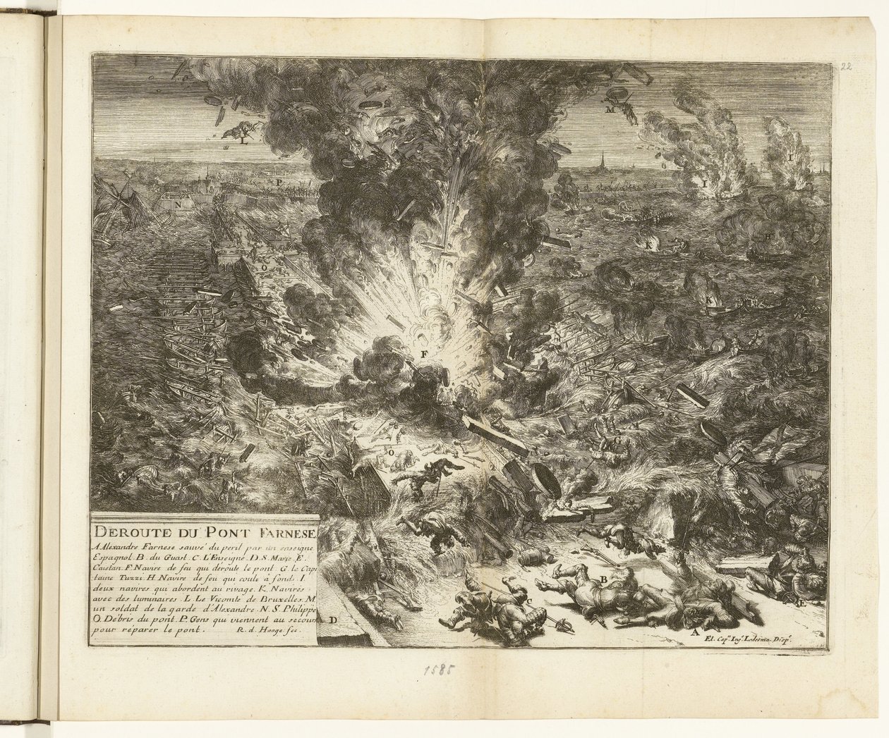 Sprengung der Schiffsbrücke von Parma über die Schelde, 1585 (Deroute du Pont Farnese) (Guerres de Flandres) von Romeyn de Hooghe
