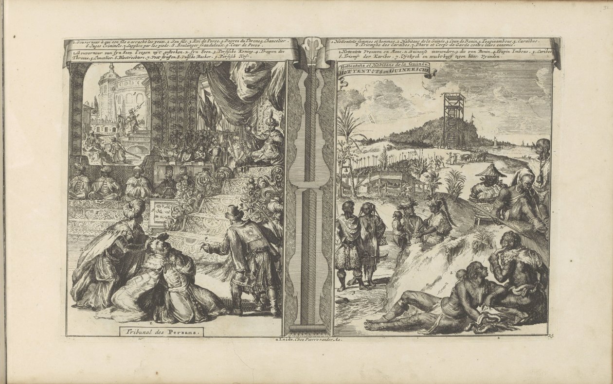 Tribunal in Persien; Khoikhoi und Guineer (Die Ost- und Westindischen Inseln und andere Orte) von Romeyn de Hooghe