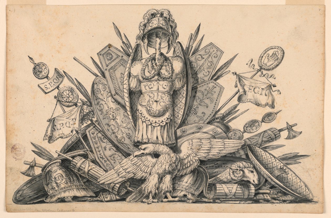 Eine Trophäe von Waffen, die in der Malerei ausgeführt werden soll von Romolo Achille Liverani
