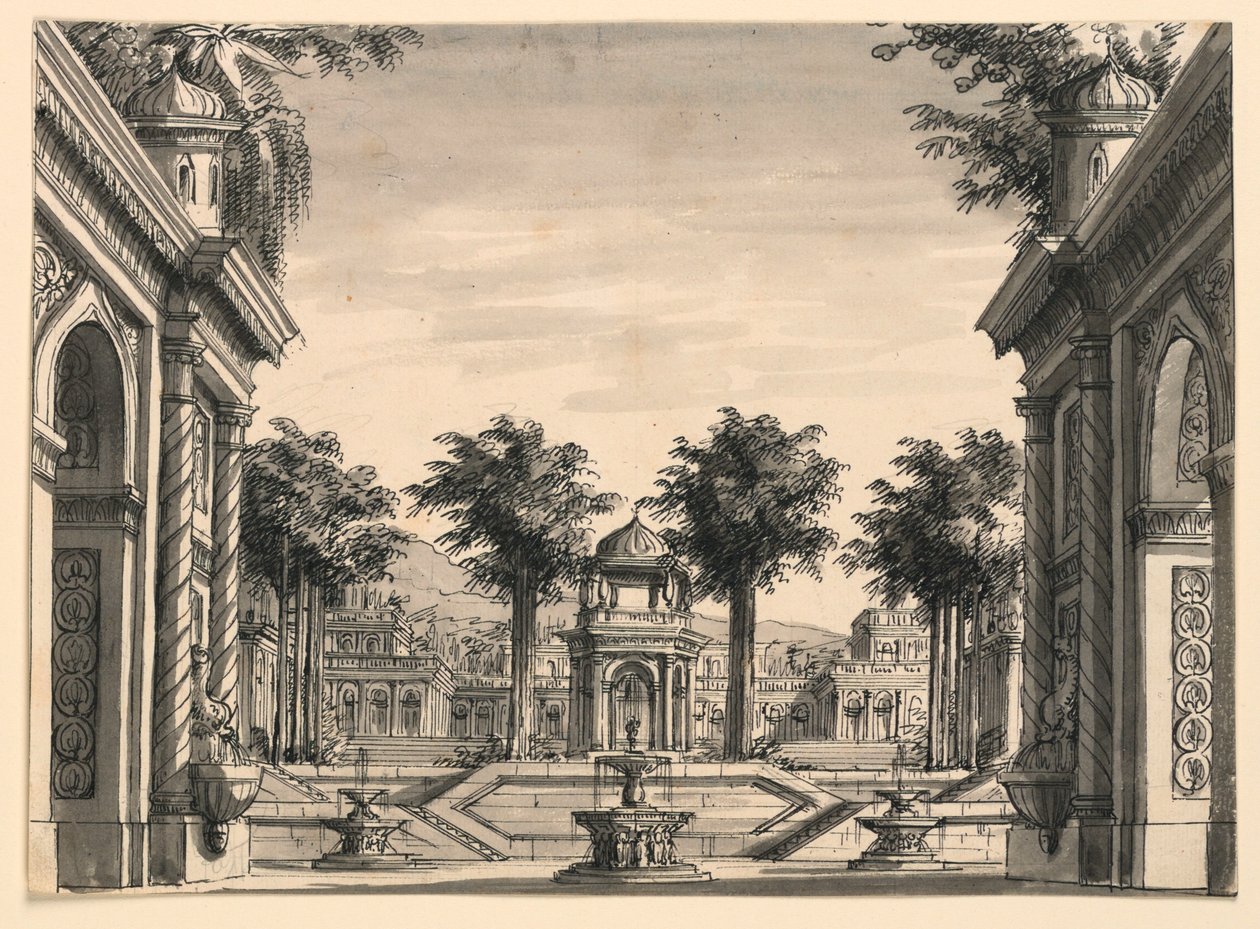 Bühnenbild, Indischer Palastgarten für das Ballett "Dschingis Khan" von Luigi Henry von Romolo Achille Liverani