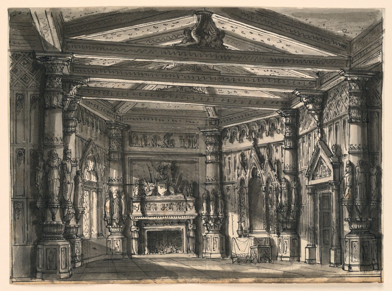 Bühnenbild, Inneres einer gotischen Halle von Romolo Achille Liverani