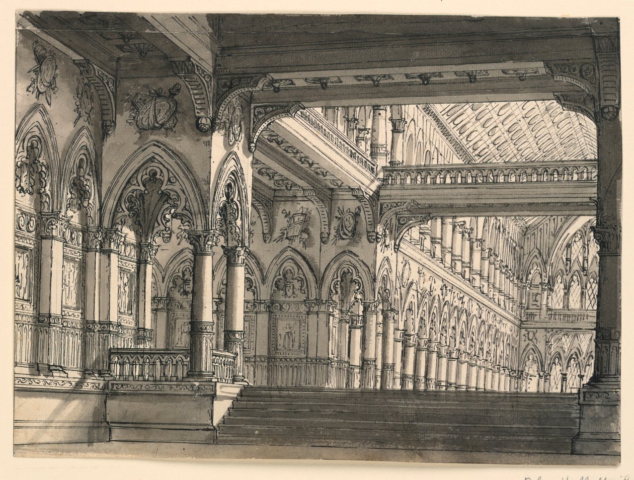 Bühnenbild, Inneres einer gotischen Halle von Romolo Achille Liverani