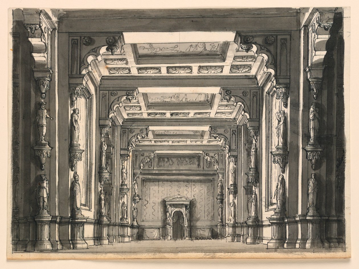 Bühnenbild, Innenraum einer gotischen Halle von Romolo Achille Liverani