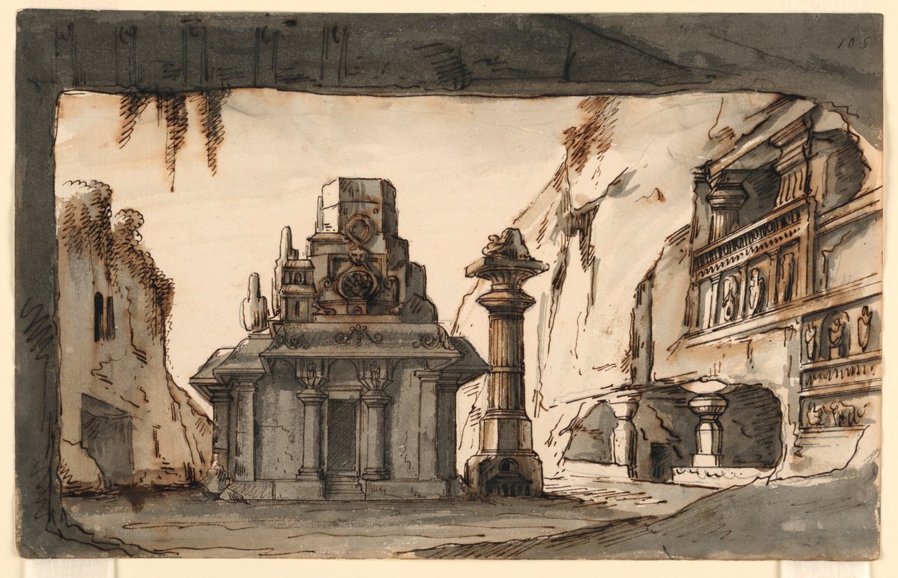 Bühnenbild, orientalische Gebäude zwischen Höhlen und Felsen von Romolo Achille Liverani
