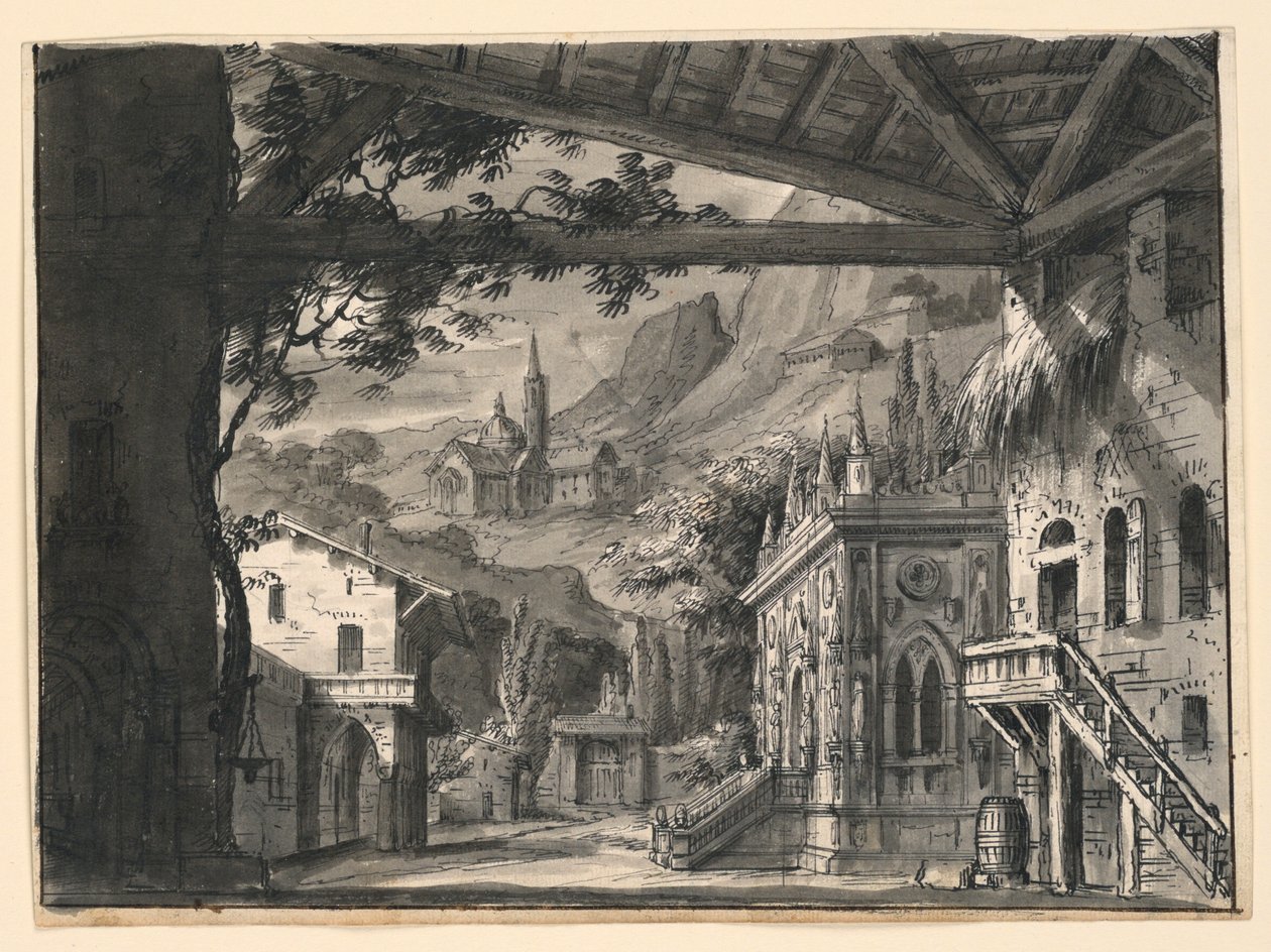 Bühnenbild: Dorf in hügeliger Landschaft, für L