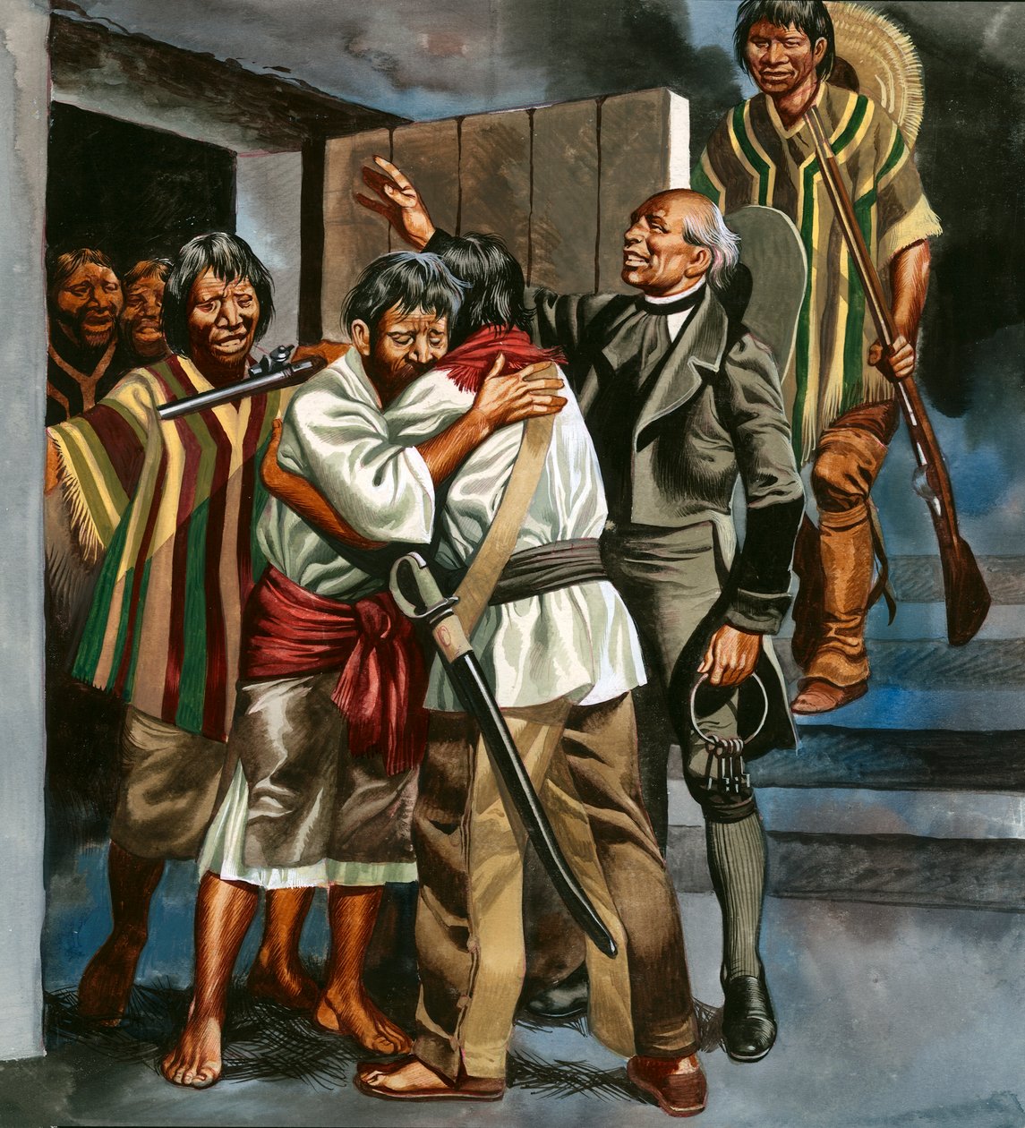 Die mexikanische Revolution begann, als Pater Hidalgo eine Gruppe bewaffneter Männer zum örtlichen Gefängnis führte von Ron Embleton