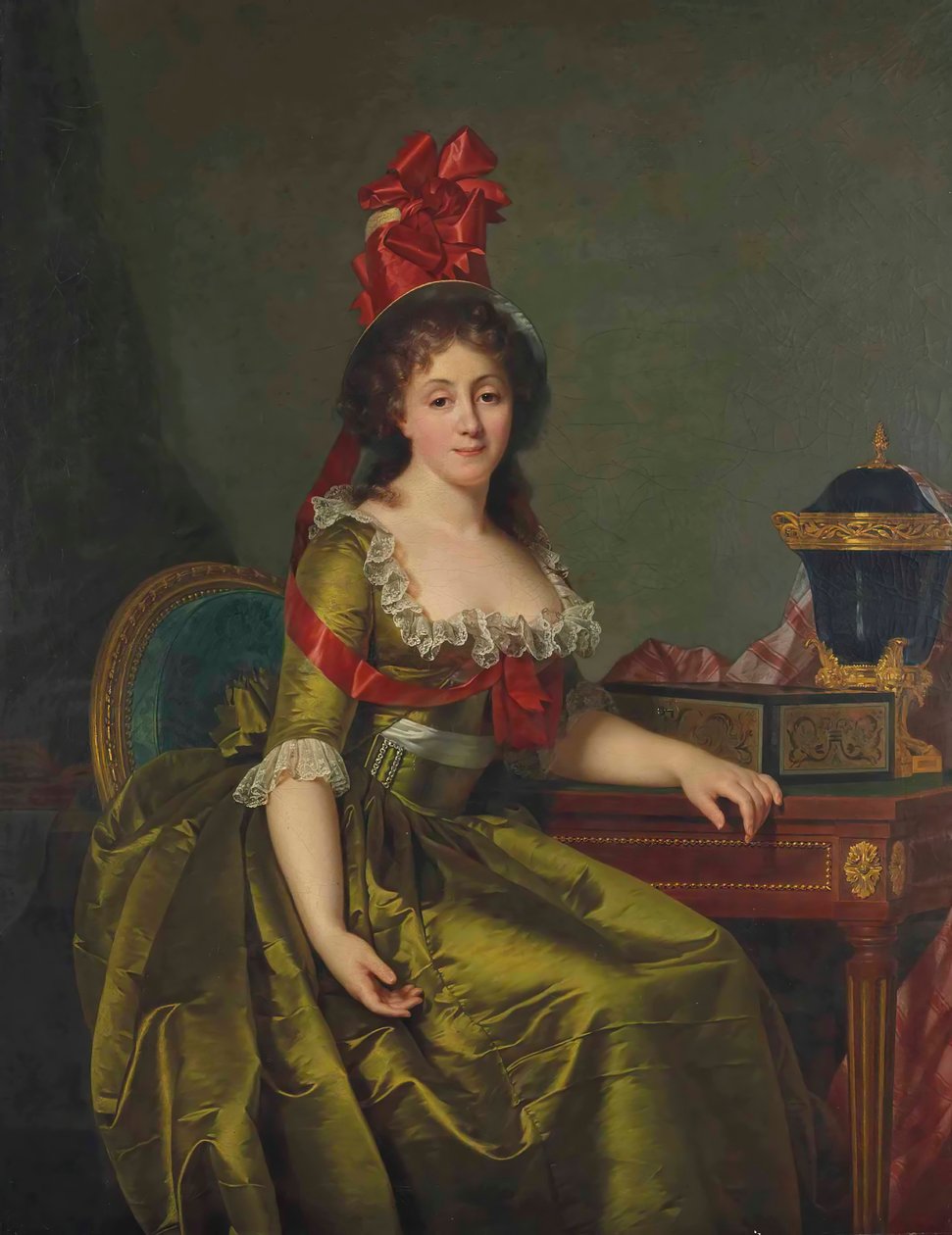 Porträt einer Dame in einem grünen Satinkleid und einer Haube mit roten Bändern von Rose Adelaide Ducreux