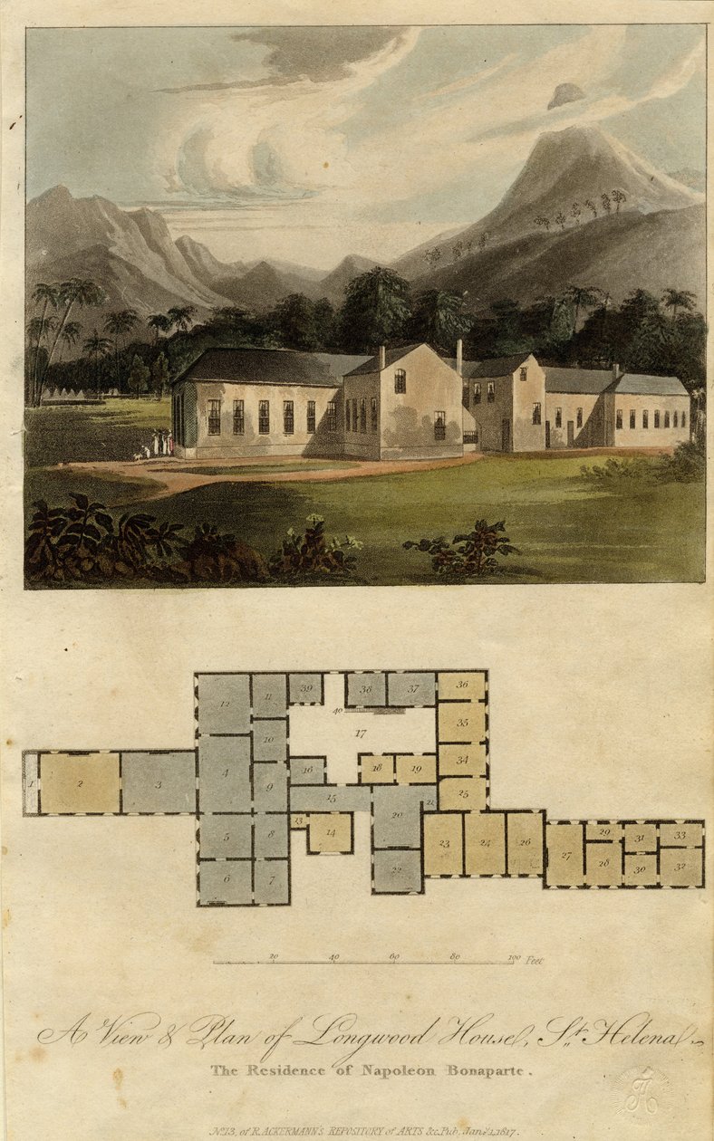 Ansicht und Plan von Longwood House, St. Helena: die Residenz von Napoleon Bonaparte, 1817 von Rudolph Ackermann
