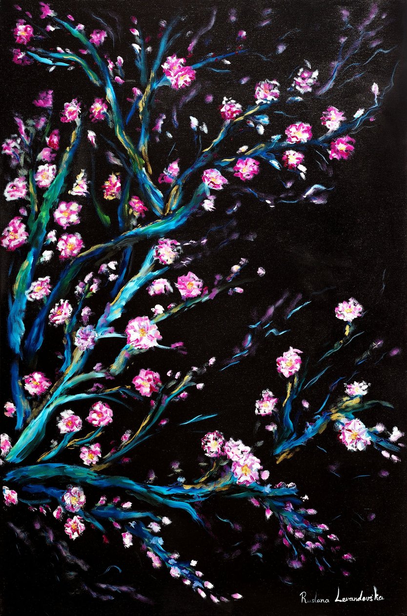 Kirschblüten in Schwarz, 2024 von Ruslana Levandovska