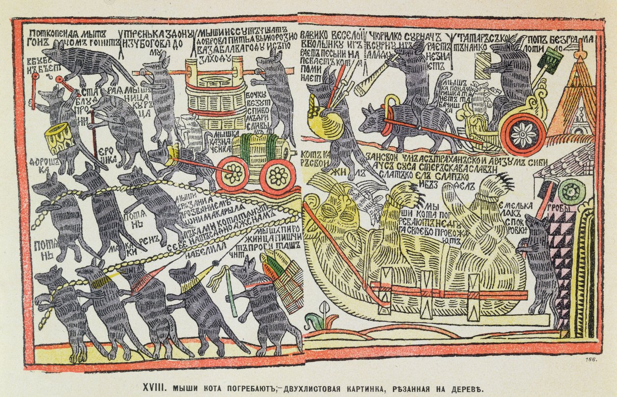 Begräbnisprozession von Mäusen für eine tote Katze, Karikatur über das Begräbnis von Peter dem Großen, 1860 von Russian School