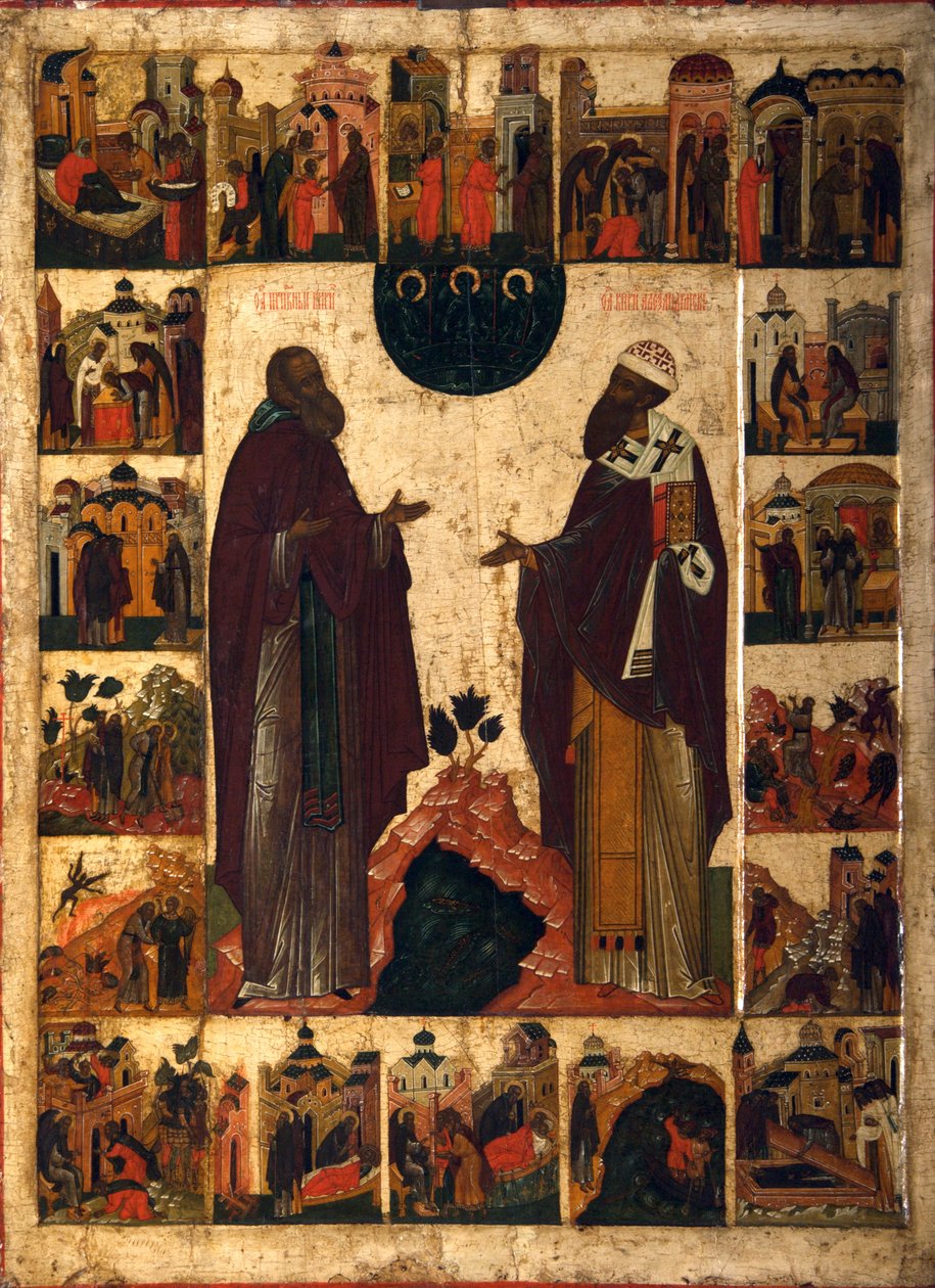 Heiliger Kyrill von Weißsee und Heiliger Kyrill von Alexandria, zweite Hälfte des 18. Jahrhunderts von Russian icon.