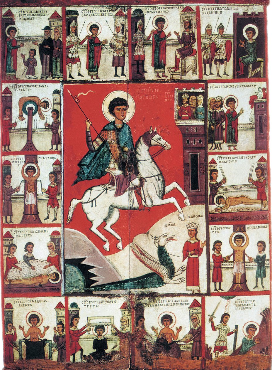 Sankt Georg mit Szenen aus seinem Leben, 14. Jahrhundert von Russian icon.