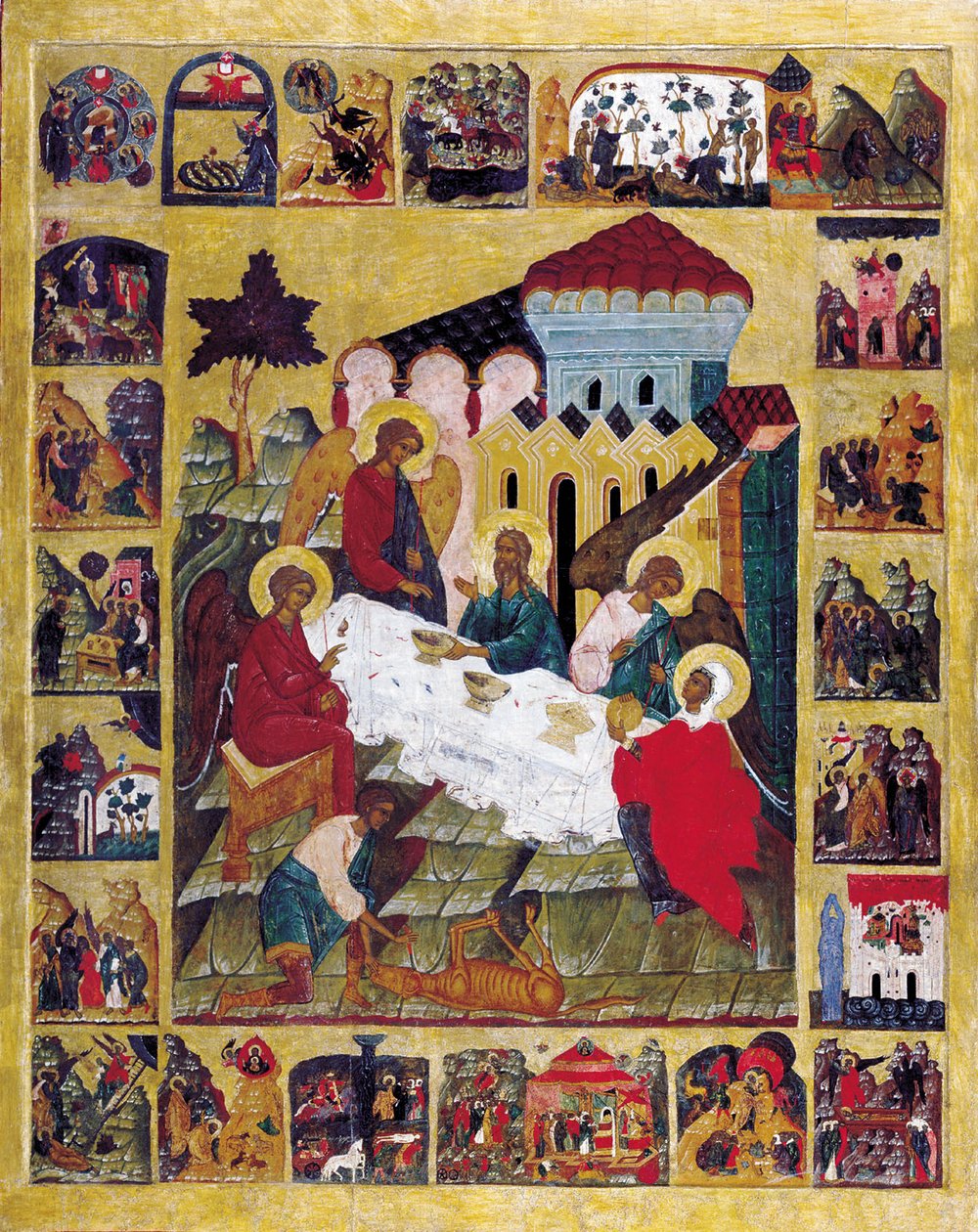 Die Dreifaltigkeit des Alten Testaments mit Szenen aus Genesis von Russian icon.