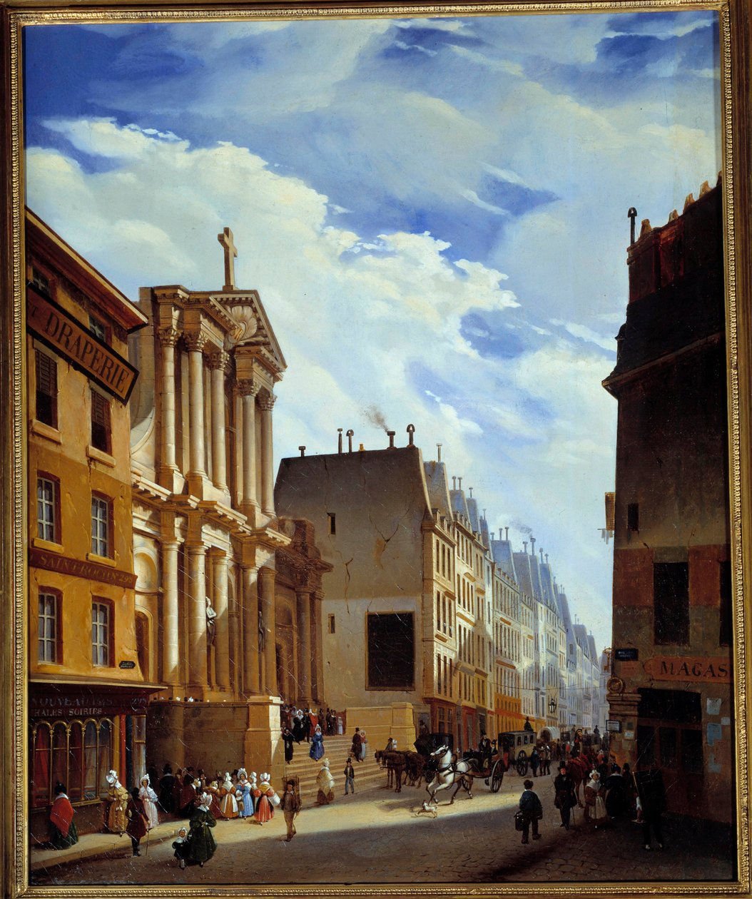 Ansicht der Rue Saint Honore und der Kirche Saint Roch in Paris im Jahr 1840 von S. Mingasson de Martinazeau