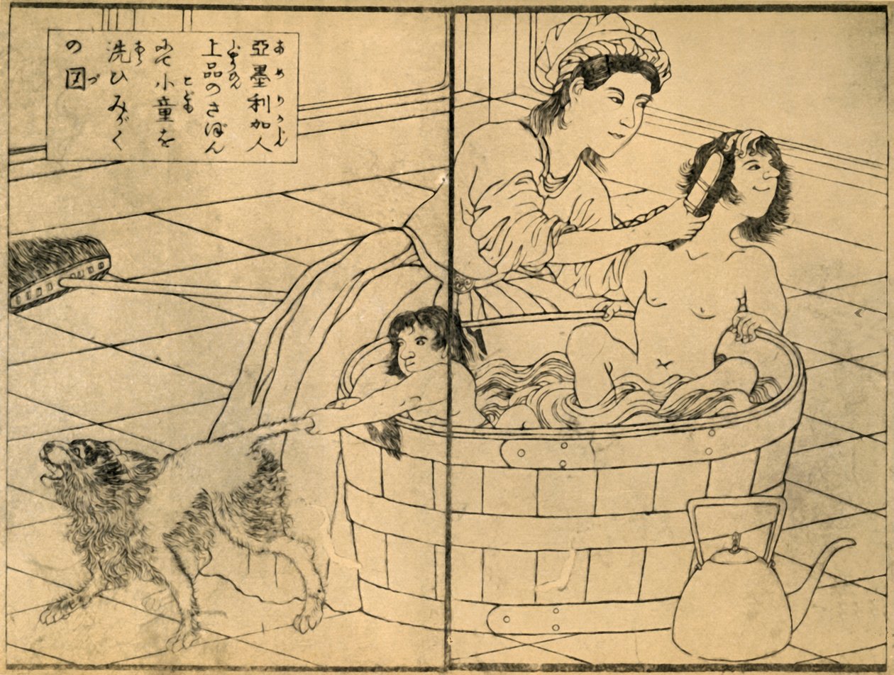 Amerikanische Frau badet ihre Kinder von Sadahide Utagawa