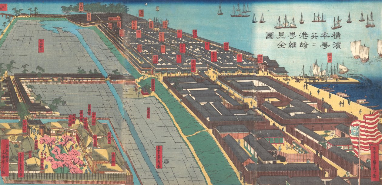 Detaillierter Druck von Yokohama Hon-cho und dem Miyozaki Vergnügungsviertel, 4. Monat, 1860 von Sadahide Utagawa