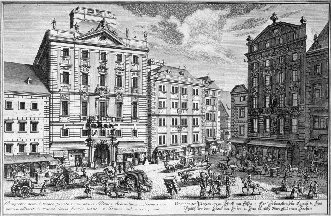 Ansicht des Stock-im-Eisen-Platzes, Wien, graviert von Karl Remshard (1678-1735) von Salomon Kleiner
