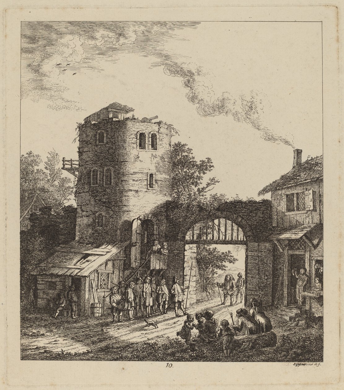 Dorfbewohner am Stadttor begrüßen einen Würdenträger von Salomon Gessner