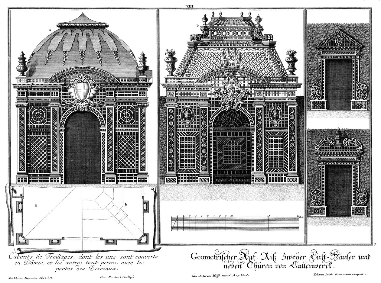 Aufriss zweier Pavillons aus Lattenwerk und zweier Tore des Laubenganges, Grundriss zweier Dachlösungen von Salomon Kleiner