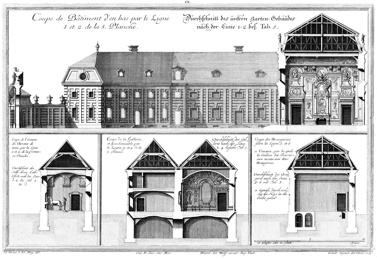 Drei Querschnitte durch das untere Schloss, Querschnitt durch den Stall für die Leibpferde von Salomon Kleiner