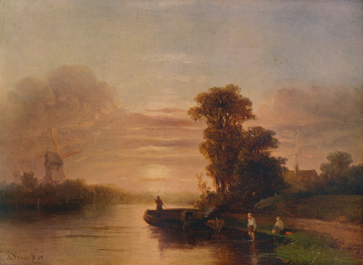 Sonnenuntergang an einem Fluss, mit Windmühle und Hütte, 1848, 1938 von Salomon Leonardus Verveer